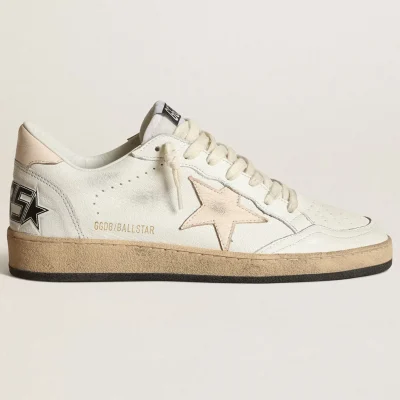 Golden Goose Ball Star LTD in white nappa with a salmon-pink nappa star | ggoose.org