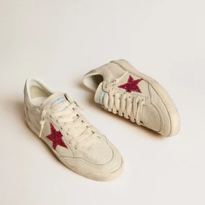 Golden Goose Ball Star LTD with fuchsia glitter star and light gray suede heel tab | ggoose.org