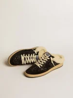 Golden Goose Ball Star Sabots in black glitter with black star and shearling lining | ggoose.org