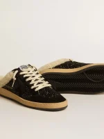 Golden Goose Ball Star Sabots in black glitter with black star and shearling lining | ggoose.org