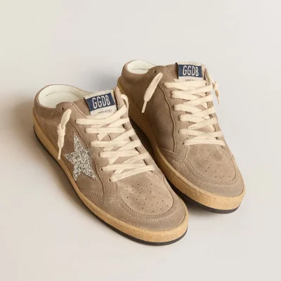 Golden Goose Ball Star Sabots in dove-gray suede with silver glitter star | ggoose.org