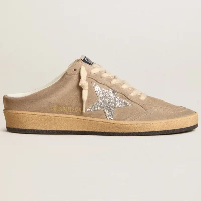 Golden Goose Ball Star Sabots in dove-gray suede with silver glitter star | ggoose.org
