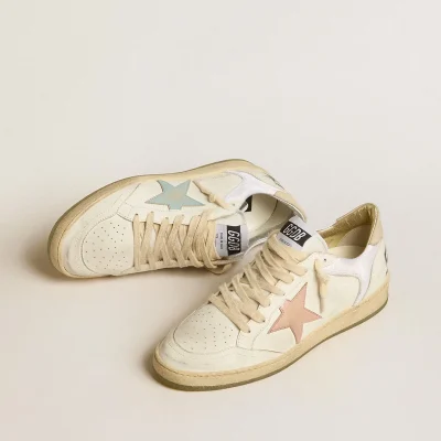 Golden Goose Ball Star in nylon and leather with pink and light blue star and beige heel tab | ggoose.org