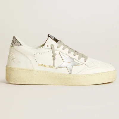Golden Goose Women's Ball Star 2 with silver leather star and silver glitter heel tab | ggoose.org