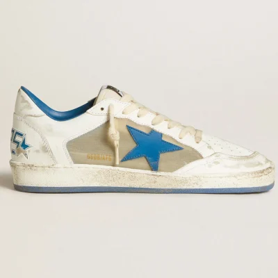 Golden Goose Women’s Ball Star LAB in white leather with light blue leather star and white heel tab | ggoose.org