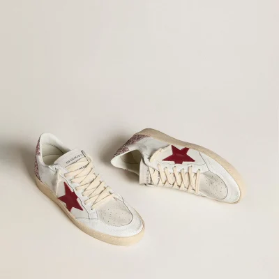 Golden Goose Women's Ball Star LTD with red leather star and pink glitter heel tab | ggoose.org