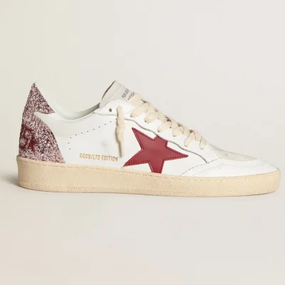 Golden Goose Women's Ball Star LTD with red leather star and pink glitter heel tab | ggoose.org