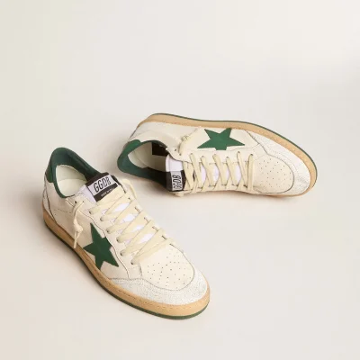 Golden Goose Women's Ball Star Wishes in white nappa leather with green leather star and heel tab | ggoose.org