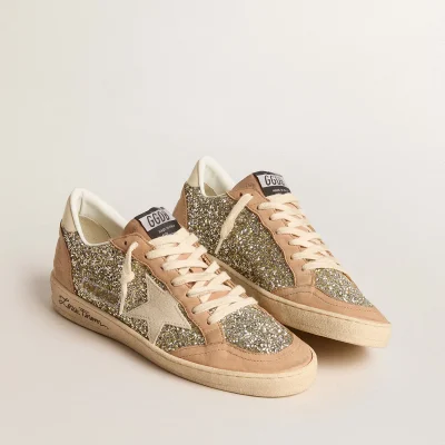 Golden Goose Women's Ball Star in platinum glitter with cream leather star and nubuck toe | ggoose.org