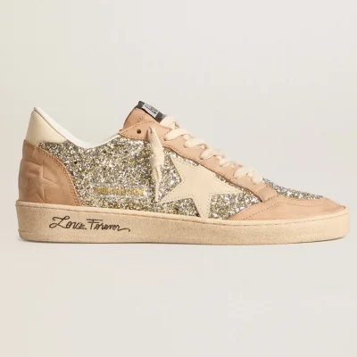 Golden Goose Women's Ball Star in platinum glitter with cream leather star and nubuck toe | ggoose.org