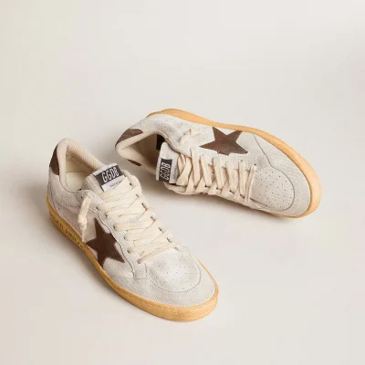 Golden Goose Women's Ball Star in white nubuck leather with brown suede star and heel tab | ggoose.org